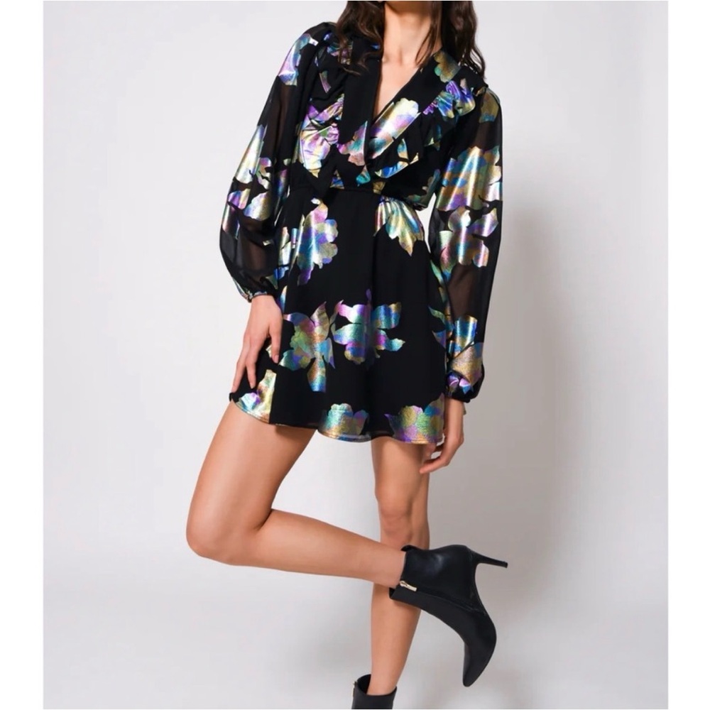 Anthropologie Hutch Black Dress with Iridescent Floral Accent Sheer Sleeves NWT